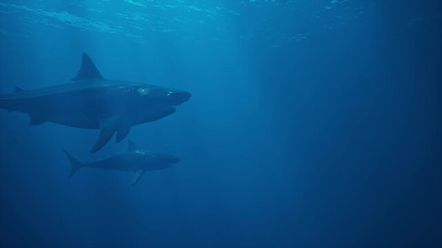 A group of white sharks swim underwater