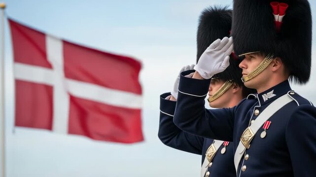 Two male royal guards in ceremonial uniform saluting with the Danish flag waving in the background