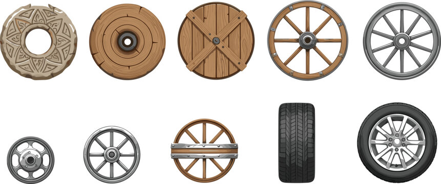 Evolution of Wheel Design from Ancient Wooden Cart Wheels to Modern Car Alloy Rims and Rubber Tire Isolated Vector Set