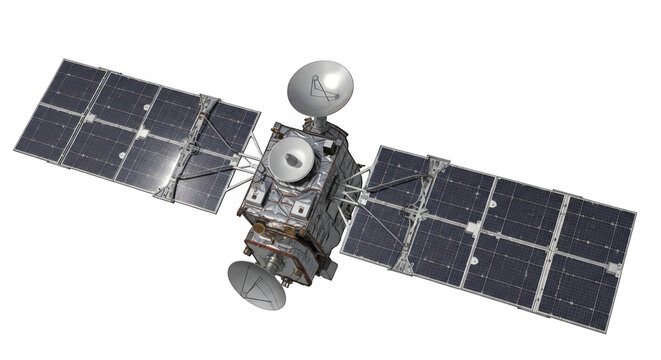 Satellite orbiting earth with solar panels extended for communication and data collection