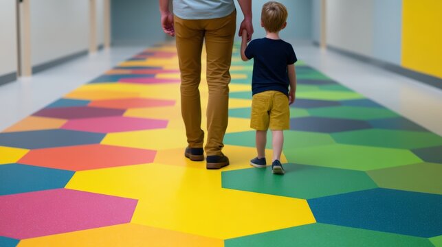 Hospital reception area, An adult and a child walk hand-in-hand on a colorful, geometric-patterned floor inside a brightly lit hallway.