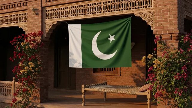 Traditional rustic home decorated with national flag for patriotic holiday celebration