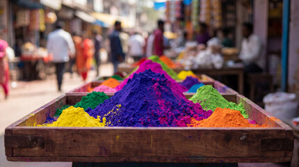 Vibrant colors of powdered pigments in market display arranged in mounds. Colorful pigments include shades of purple, green, orange, and yellow vividly set against a bustling street scene.