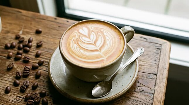 Morning coffee delight with latte art and scattered beans on a rustic wooden surface coffee, table, cup,.