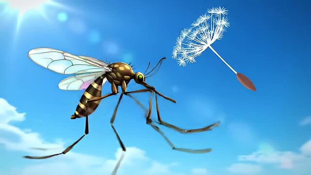 Whimsical Mosquito Carrying a Dandelion Seed in Sunny Blue Sky - Fantasy Illustration for Summer Nature and Outdoor Themes