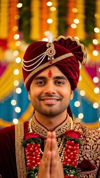 Indian Groom in Traditional Maroon Sherwani and Pagri Praying at Hindu Wedding Ceremony
