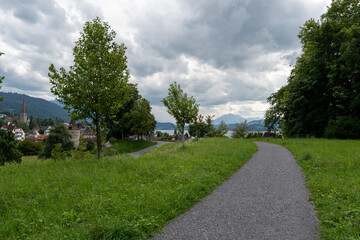 Viewpoint Guggi above the city of Zug overlooking the old town, scenic panorama of the Swiss city and surrounding landscape.
