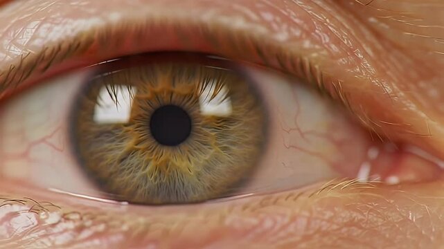 Detailed close-up of a captivating hazel eye with long eyelashes and intricate iris patterns conveying depth emotion and natural beauty against a dark background