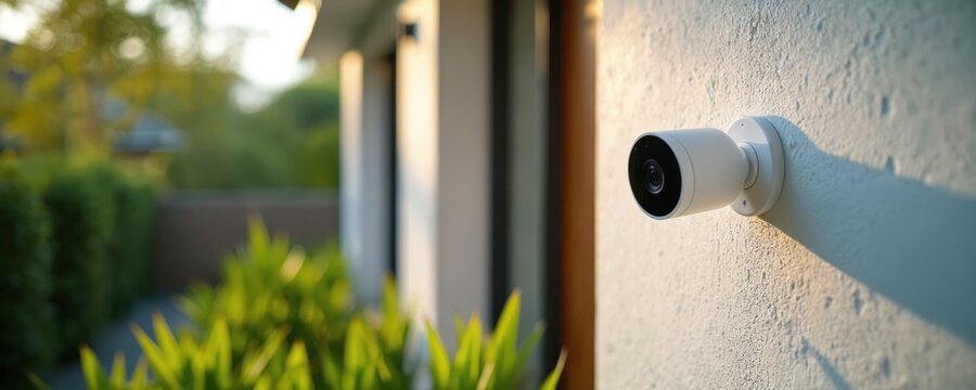 Modern white security camera mounted on textured wall outside house. Green plants grow near door. Device monitors property day and night for safety. Protects home from intruders.