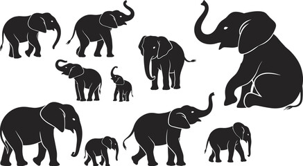 Black elephant silhouette collection, elephant family poses, wildlife animal illustration set, african elephant vector, isolated minimalist design © Sarjina's World