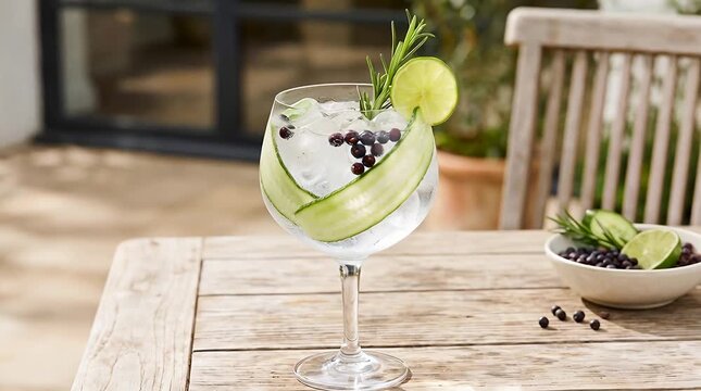 Refreshing gin tonic cocktail with cucumber, lime, juniper berries, and rosemary garnish outdoors, drink.