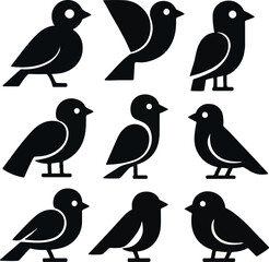 Fototapeta premium Minimalist geometric bird icons set in flat vector style featuring bold black silhouettes with simple modern shapes for logos branding and design