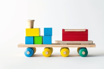Wooden toy train with colorful blocks isolated on white background minimalist design