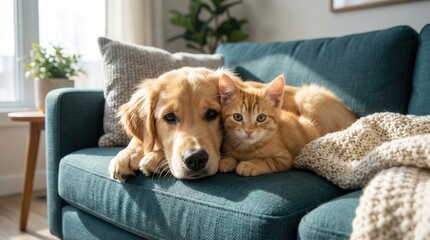 Close-up of dog and kitten relaxing together