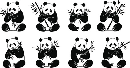 Black panda silhouette collection, cute panda eating bamboo poses, wildlife animal illustration set, giant panda vector, isolated minimalist design icon © Sarjina's World