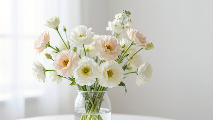 A vase of white and peach flowers on a table