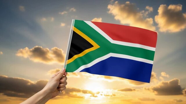 Hand holding South African national flag at sunset for multicultural identity concept