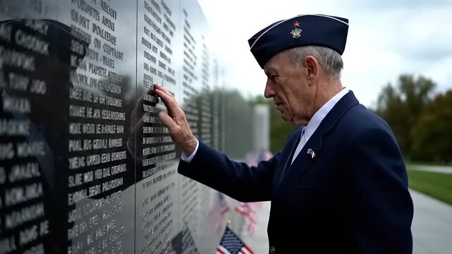 Solemn elderly veteran in uniform contemplates names etched on a polished black granite memorial wall, a row of small American flags in the foreground, symbolizing remembrance, sacrifice