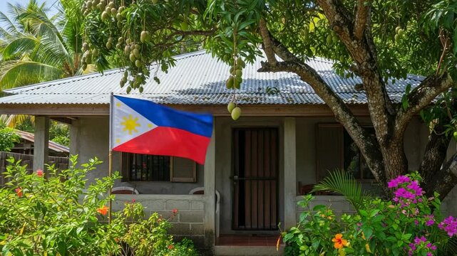 Traditional Filipino provincial home decorated with national flag for patriotic holiday