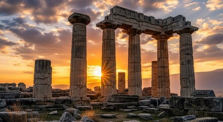 Fototapeta premium Ancient greek temple ruins at sunset historical architecture and scenery