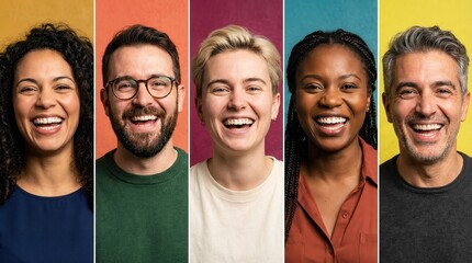 Five Diverse Adults Laughing in Colorful Studio Portrait Banner