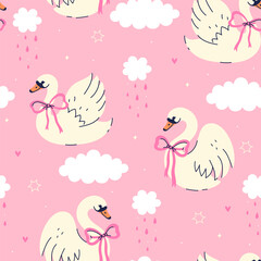 Seamless pattern with swans, clouds, and stars on a pink background. Vector graphics.