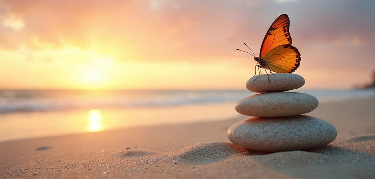 Stack of smooth ocean pebbles balanced on beach sand at sunset. Orange butterfly rests atop stones near calm sea waves. Serene nature scene promotes wellness and mindfulness.