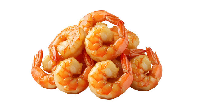 Fresh cooked jumbo shrimp seafood cluster with tails isolated on transparent background