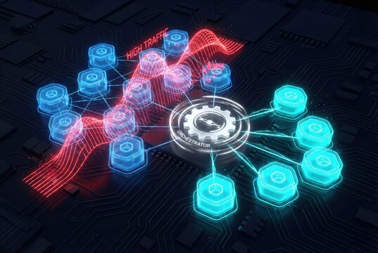 Kubernetes orchestrator dynamically scaling container pods for traffic