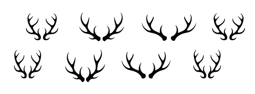 Deer horn icons set, showcasing vector silhouettes of animal horns, wildlife symbols, hunting graphics, and decorative horn shapes.