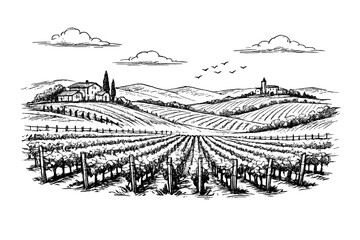 Naklejka premium Vineyard landscape sketch illustration, rural countryside with grape fields and hills