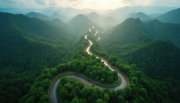 Aerial drone view of a winding road through rich green mountains. Cars travel on the curvy asphalt path surrounded by dense forest. Scenic route in a mountainous landscape.