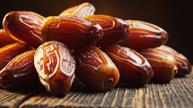Glossy dates arranged on rustic wood &mdash; symbol of nourishment, tradition, and Ramadan reflection.