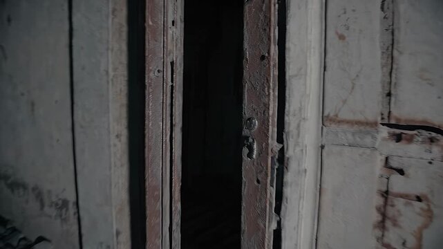 Stalk fear inside derelict industrial hellscape cracked walls rusted beams flickering lamps photoreal four K establishing shot perfect post apocalyptic films VR horror urban exploration