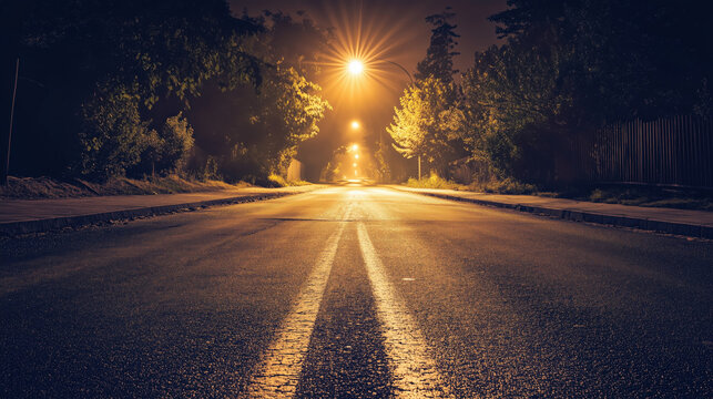 Quiet road night streetlight warm glow empty asphalt, tree lined street fading into misty distance, low angle perspective with calm atmosphere, urban suburb after dark
