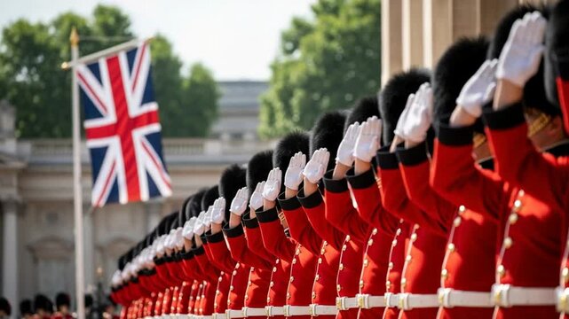 Ceremonial British Soldiers in Red Tunics and Bearskin Hats Saluting During National Parade