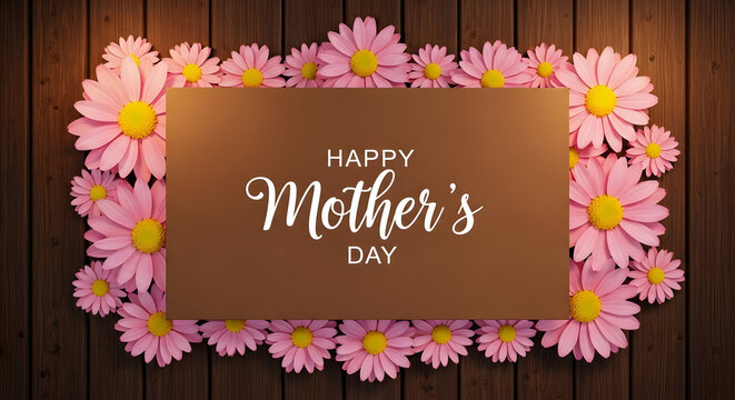 Happy mother's day greeting with pink flowers and brown background