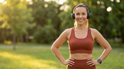 Outdoor exercise break with woman wearing headphones and smartwatch