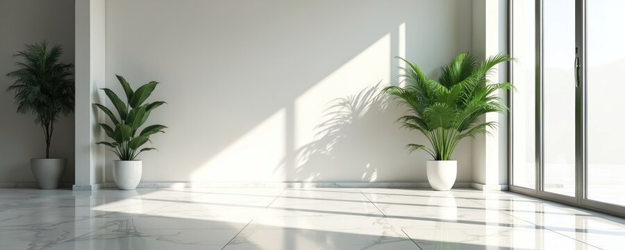 Bright minimalist interior with marble floors and large window. Potted plants add greenery to clean white walls. Sunlight casts natural shadows, creating serene ambiance.