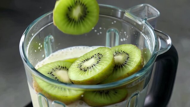 extreme macro cinematic 4K slow motion shot of fresh kiwi slices dropping into milk inside blender creating dramatic liquid splashes captured at ultra high frame