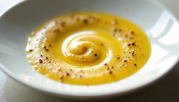 Yellow vinaigrette dressing swirled on white plate sprinkled with pepper. Gourmet food presentation for restaurant or cafe menu. Healthy sauce in bowl.