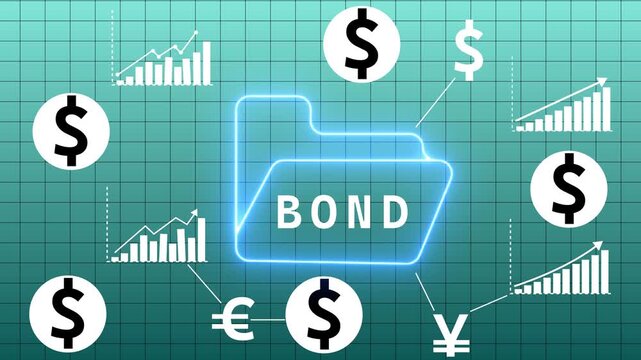 Bond investment concept visualized with a glowing neon folder labeled BOND surrounded by various currency symbols and ascending bar graphs on a grid