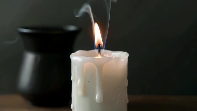high quality 4K close up shot of single elegantly burning white candle set against entirely dark uniform background emphasizing its aes tic quality as unique slow burning aroma rapy candle that