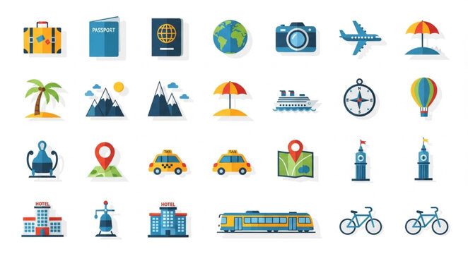 Collection of travel and transportation icons for vacation planning.