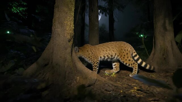 Serval cat prowls at night near tree trunks in forest with moonlight overhead for wildlife documentary content