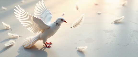 Fototapeta premium White dove flying gracefully among feathers on soft light background, concept of Easter 