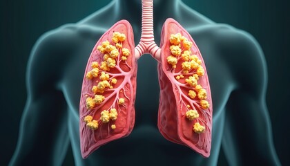 Graphic of lungs with yellow nodules showing inflammation and disease. Respiratory system affected by illness. Medical illustration of internal human organ.