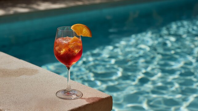 Refreshing aperol spritz cocktail by the pool, summer vacation mood