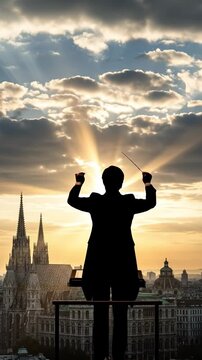 Silhouette of Male Conductor Leading Symphony Orchestra with Dramatic Sky and Cityscape