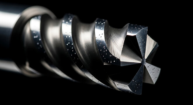 Macro close up of a high performance metallic drill bit or end mill tool for industrial metal machining and precision engineering. Sharp spiral cutting edges with tiny speckles on black background.